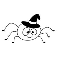 doodle halloween süße spinne mit hexenhut auf dem kopf cartoon glücklich kknd insekt kindisch festlich clipart umrissskizze vektor