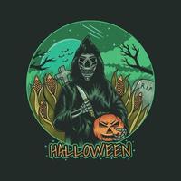 grim reaper håller pumpa och kniv i majsfält på halloween vektor
