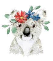 akvarellteckning porträtt av söt koala. söt clipart av ett tropiskt djur, koala, med en krans av blommor. teckning för barn vektor