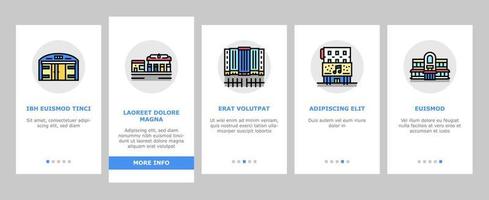 Gebäude-Restaurant und Onboarding-Icons im Geschäft setzen Vektor