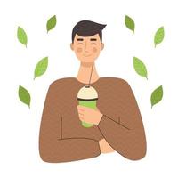 ung man dricker matcha te i en plastmugg. japanska traditioner, grönt te, kaffe kvar. kaffe hus. platt illustration vektor