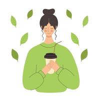 ung kvinna dricker matcha te i en plastmugg. japanska traditioner, grönt te, kaffe kvar. kaffe hus. platt illustration vektor