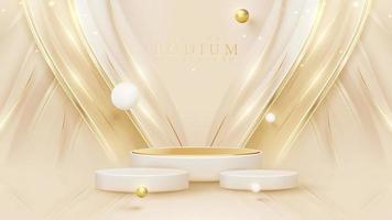 produktdisplay podium mit goldenem kurvenlinienelement und kugeldekoration und glitzerlichteffekt. vektor