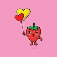 niedliche Cartoon-Erdbeere, die mit Liebesballon schwimmt vektor