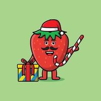 Cartoon-Erdbeer-Weihnachtsmann bringen Zuckerstange vektor