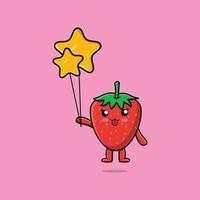 söt tecknad jordgubbe flyter med stjärnballong vektor