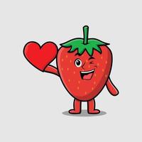 söt tecknad jordgubbe håller stort rött hjärta vektor