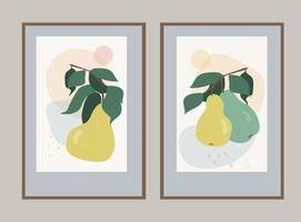 Birnen auf einem Ast mit Blättern. Vorlage mit einer abstrakten Komposition aus einfachen Formen und Früchten. minimalistisch, Boho-Stil vektor
