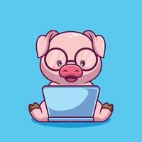 süßes schwein mit laptopkarikaturillustration vektor