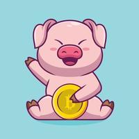 süßes schwein, das bitcoin-karikaturillustration hält vektor