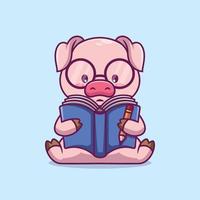 söt gris läsa bok tecknad illustration vektor