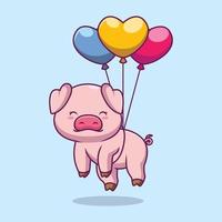 süßes schwein, das mit ballonkarikaturillustration schwimmt vektor