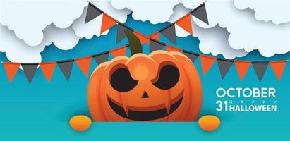 glad halloween banner eller partyinbjudan bakgrund med nattmoln och pumpor stil. vektor illustration. fullmåne på himlen