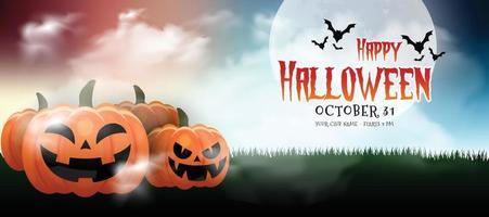 Happy Halloween-Banner oder Partyeinladungshintergrund mit Nachtwolken und Kürbissen. Vektor-Illustration. Vollmond am Himmel vektor