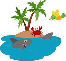 süßer Krabben-Cartoon mit Hai und Vogel am Strand vektor