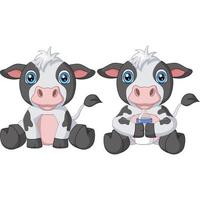 två söta baby ko tecknad film med mjölkflaska vektor