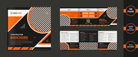 webconstruction 6-sidig fyrkantig trifold broschyr designmall med orange och svart färg abstrakta former och data. vektor