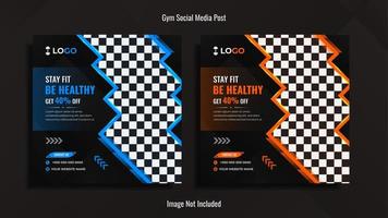 Fitnessstudio Social Media Post Design Pack mit blauen und orangefarbenen dynamischen Formen mit Lichtern. vektor