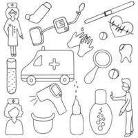 medicinsk set. sketch.collection av sjukvårdselement för webbdesign. vektor illustration. målarbok för barn. kontur på en isolerad bakgrund. hälsoämnen. doodle stil.