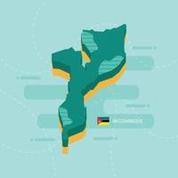 3D-vektorkarta över Moçambique med landets namn och flagga på ljusgrön bakgrund och streck. vektor