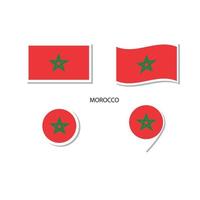 Marokko-Flaggen-Logo-Icon-Set, rechteckige flache Symbole, kreisförmige Form, Markierung mit Fahnen. vektor