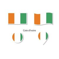 Côte d'Ivoire-Flaggen-Logo-Icon-Set, rechteckige flache Symbole, kreisförmige Form, Markierung mit Fahnen. vektor