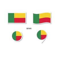 Benin-Flaggen-Logo-Icon-Set, rechteckige flache Symbole, kreisförmige Form, Markierung mit Fahnen. vektor
