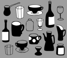 Vektor-Set von Gerichten im Doodle-Stil gezeichnet. minimalistischer Dekanter, Teekanne, Tasse, Vintage-Gläser, Weingläser, Schnapsglas, Weinflasche. doodle, monochrom, stilisiert in schwarz und weiß. vektor