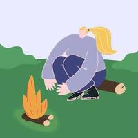 Vektor einfache Illustration mit einem Mädchen, das am Feuer im Wald sitzt. das konzept einer wanderung im sommer im wald.