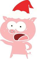 Flache Farbillustration eines Schweins, das mit Weihnachtsmütze schreit vektor