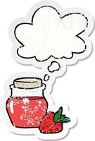 Cartoon-Marmeladenglas und Gedankenblase als beunruhigter, abgenutzter Aufkleber vektor