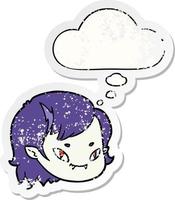 Cartoon Vampir Mädchen Gesicht und Gedankenblase als beunruhigter, abgenutzter Aufkleber vektor