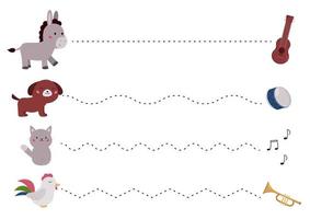 handschriftübungsblatt mit zeichentrickfiguren der bremer stadtmusikanten. Lernspiel für Kinder. Verfolge die gestrichelten Linien. Verbinde die Punkte von Tieren mit ihren Musikinstrumenten. vektor