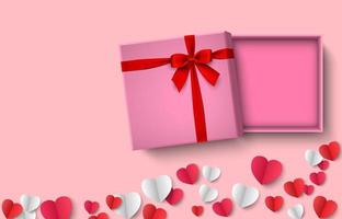 Geöffnete rosa Geschenkbox mit rotem Schleifenpapierherz auf rosa Hintergrund, Vektorillustration