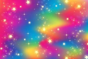 Regenbogen-Einhorn-Fantasiehintergrund mit Bokeh und Sternen. holografischer, heller, bunter Himmel. Vektor. vektor