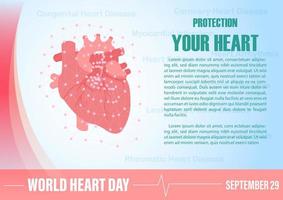 mänskligt hjärta skyddat av nät med ordalydelsen av händelsen och dagarna med namnbokstäver kampanj på blå gradientbakgrund. kort och affisch kampanj av World Heart Day i platt stil och vektordesign. vektor