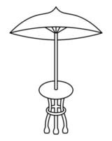 Tisch mit Regenschirm. skizzieren. Outdoor-Innenelement mit Schutz vor Regen und Sonne. Vektor-Illustration. Landhaustisch mit runder Platte auf drei Beinen. Gartenmöbel. vektor
