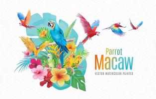 schöner vogel papagei ara und blume des blattes hand malen aquarell auf papierstruktur weißer hintergrund vektor