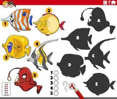 skuggor uppgift med tecknade fiskdjur karaktärer vektor