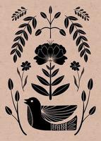 symmetrisk prydnad med fågel, blommor och löv med olika folkkompositioner. motiv i skandinavisk stil. etnisk platt illustration med pappersstruktur i svart. vektor