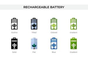 wiederaufladbares Batteriesymbol in verschiedenen Stilen. wiederaufladbare Batterie-Vektorsymbole, die in Umrissen, soliden, farbigen, gefüllten, Farbverläufen und flachen Stilen gestaltet sind. Symbol, Logoabbildung. Vektor-Illustration vektor