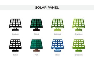 Solarpanel-Symbol in verschiedenen Stilen. Vektorsymbole für Sonnenkollektoren, die in Umrissen, soliden, farbigen, gefüllten, Farbverläufen und flachen Stilen gestaltet sind. Symbol, Logoabbildung. Vektor-Illustration vektor