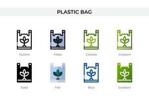 Plastiktütensymbol in verschiedenen Stilen. Vektorsymbole für Plastiktüten, die in Umrissen, soliden, farbigen, gefüllten, Farbverläufen und flachen Stilen entworfen wurden. Symbol, Logoabbildung. Vektor-Illustration vektor