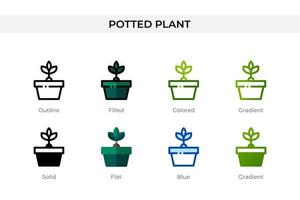 Topfpflanzensymbol in verschiedenen Stilen. Vektorsymbole für Topfpflanzen, die in Umrissen, soliden, farbigen, gefüllten, Farbverläufen und flachen Stilen entworfen wurden. Symbol, Logoabbildung. Vektor-Illustration vektor