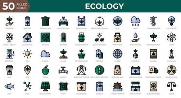 uppsättning av 50 ekologi webbikoner i fyllda konturstil. återvinning, biologi, förnybar energi. fylld disposition ikoner samling. vektor illustration