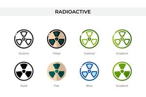 radioaktives Symbol in verschiedenen Stilen. radioaktive Vektorsymbole, die in Umrissen, soliden, farbigen, gefüllten, Farbverläufen und flachen Stilen gestaltet sind. Symbol, Logoabbildung. Vektor-Illustration vektor