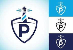 Anfangsbuchstabe p-Monogramm in einem Schild mit dem Leuchtturm. Hafen-Logo. Schriftart-Emblem vektor