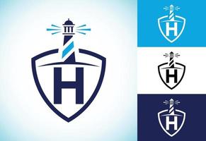 anfängliches h-monogrammalphabet in einem schild mit dem leuchtturm. Hafen-Logo. Schriftart-Emblem vektor