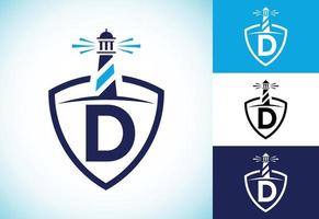 anfängliches d-monogrammalphabet in einem schild mit dem leuchtturm. Hafen-Logo. Schriftart-Emblem vektor