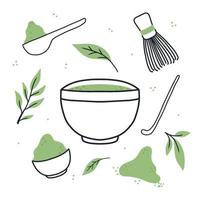 Matcha-Tee. Becher mit Matcha- und Grünteeblättern. Vektor-Illustration. natürlicher grüner Tee. vektor